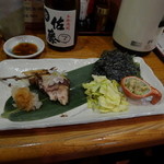 卯屋 - 鰤カマの塩焼き(食べかけで申し訳ありません)/キャベツのじゃこ和え/わさび漬け