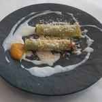 L'art et Mikuni - フランス産 シャラン鴨モモ肉のラグー、ほうれん草を練り込んだカネロニオレンジのマルメラータ