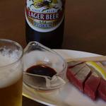潮騒の宿 山海荘 - ハマチの刺身と冷えたビールが嬉しい