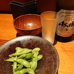 炭火居酒屋 いちろう - 2019年9月　アサヒスーパードライ+えだ豆（お通し）　550+？円