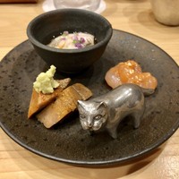 らんまる - 酒肴三品盛り：牡蠣の塩辛 甘海老の酒盗和え あん肝