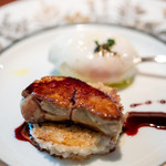 銀座フォワグラ - フォアグラのポワレ キノコの焼きリゾット ポーチドエッグ