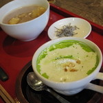 町家喫茶 三宅商店 - 豆乳抹茶オーレ(500円)＋ 玄米餅の豆乳ぜんざい(550円) 　11.11.09.