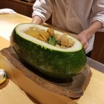 銀座 しのはら - 冬瓜 黒鮑 雲丹 オクラ 冬瓜の出汁