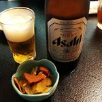 Hiraya - 瓶ビール中瓶（￥６３０税込み以下同）＆お通し（￥１００）
