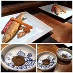 大どころ - 鮎（球磨川）の唐揚げ、野菜、肉味噌添え。 「うるか」も用意されていて日本酒が飲みたくなりましたが、都合により我慢。(T-T)