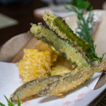 かたつむり - 2019.9 天ぷら（四角豆、白ナス、トウモロコシ、稚鮎）