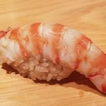 鮨 さかい - (21)車海老
      奥の厨房で茹でたての温かい車海老
      お弟子さんが熱々を一生懸命剥いている様です
      車海老はぷりぷり、温かなシャリがググッと沈み込みます
      車海老の華やかな甘みと旨味が押し寄せます