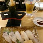 寿司居酒屋 や台ずし - 海老天巻き げそ 真鯛 つぶ貝 たこ