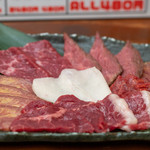 馬刺酒家　一家 - 2019.9 九点盛り馬刺し（480円）赤身1枚、肩バラ2枚、タンスモーク2枚、ローストホース2枚、コウネ1枚、フタエゴ1枚（写真は2人前）