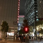 レ セゾン - TOKYO TAKARAZUKA のネオンサインの向こうに中国本土のようにド派手なイルミネーションに照らされてしまったペニンシュラホテルが見える。パワースポットらしいが、皇居前には似つかわしくない。