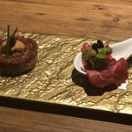焼肉 うしみつ - ユッケ3種盛り～極み・うしみつユッケ、ユッケケーキ～