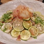 そば割烹 よいん - 「酢橘おろしそば」ネギと出汁をかけました。