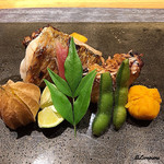 丸新 - 鬼灯､夏豆､南瓜茶巾絞り､ﾉﾄﾞｸﾞﾛ炭火焼と甘鯛 若狭焼