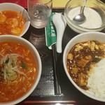 Kanda Tenfu - 四川担々麺、麻婆丼(小)、エビチリソース、 杏仁豆腐