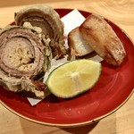 器楽亭 - 秋刀魚の松茸巻き 里芋揚げ