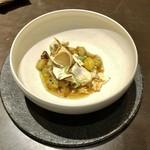 sincere - 黒鮑と肝のフラン 松茸と茄子 おこげ