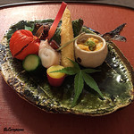 御料理 寺沢 - 酸漿､蛸胡瓜串､○十甘露煮､炙りｶﾗｽﾐ､ﾍﾞﾋﾞｰｺｰﾝ素揚げ､仔鮎焼､ｳﾆ