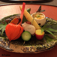 御料理 寺沢 - 酸漿､蛸胡瓜串､○十甘露煮､炙りｶﾗｽﾐ､ﾍﾞﾋﾞｰｺｰﾝ素揚げ､仔鮎焼､ｳﾆ