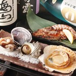 Sumibi Inoya - 貝三種盛りと海老塩焼