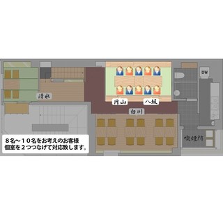 [Maruyama & Yasaka] This is a layout diagram for 8 to 10 people. We will connect two private rooms.