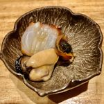 天ぷら たけうち - 唐津産 蛸の燻製 広島産ムール貝のオイル漬け 福岡産 赤貝の肝