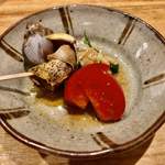 天ぷら たけうち - 糸島産 水菜と 北海道産 つぶ貝 南関揚げのお浸し