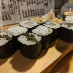 天史朗鮨 - おまかせ細巻き（葉唐辛子、シラスとおかか、コハダとガリ、あん肝の味噌漬け）