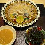 澤いち - 河豚刺しセット（もみじおろしポン酢とあん肝ポン酢）