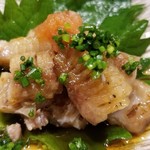 鮨匠 のむら - (09)芭蕉梶木(鹿児島県甑島列島産、30kg、3日寝かせ)の胸筋の炙り
      胸鰭の辺りを筋身と言うそうですが、炙りになると脂が活性化され、芳ばしくて薫り高く、超絶美味しい！