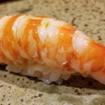 鮨匠 のむら - (20)車海老(鹿児島県産)
      産卵期は初夏～初秋、旬は初夏～初秋。
      アツアツの茹で海老、車海老らしい濃厚な味を温かい茹で立てと温かいシャリで握って下さいます。