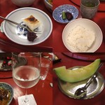和田金 - 時計回りでメロン→日本酒(黒龍)→焼餅&粒あん→ご飯&新香。
