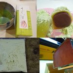 川端道喜 - 箱は手書き、うぐいす粉付（青大豆からできたきな粉）、右下お店には餡が