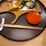 かが万 - 先付(銀杏、芋の揚物など)、食前酒