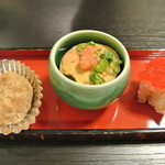 旬菜松はし  - お通し　つくね揚げ・アン肝・筋子ご飯