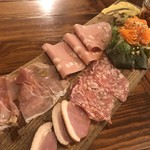 肉バルブッチャーズ 八百八 - 前菜の盛り合わせ。生ハムやサラミ、鴨ロースなどが盛り込まれています。