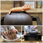 鮨旬美西川 - 車海老はカウンターに置かれた「釜」で茹でられるのですが、立派な品でビックリ。 この大きさの品は中々ないですし、数を揃えるのは大変だと思います。 一尾を半分レア、もう半分はもう少し火を通した状態で頂きます。