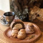 Fukushima Sugar - ほうじ茶と栗のロール、モンブラン、シュー栗ーム、コーヒー(HOT)