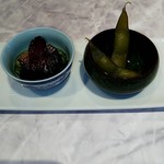 中国意境菜 白燕 - 前菜～紹興酒漬け枝豆･自家製干し肉とオクラ
