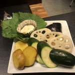 京松蘭 - 
      野菜盛り（有機野菜）
      青森産にんにく、ズッキーニ、インカのめざめ、レンコン、水茄子
      