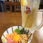 極楽湯 - 海鮮納豆ばくだん480円    メガハイボール550円