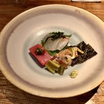 酒井商会 - お造り：本鮪 ニラ醤油、真鯵のなめろう、真鯛 煎り酒