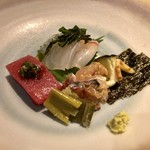 酒井商会 - お造り：本鮪 ニラ醤油、真鯵のなめろう、真鯛 煎り酒