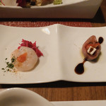 札幌モダンレストラン　えりも亭 - ・前菜
             海老のマリネと生ハムとトマトのバルサミコソース