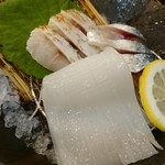 山陰漁酒場 丸善水産 - お刺身三点盛り。のどぐろ、いか、サバ