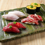 Assortment of Kotobuki's Footsteps [Lean meat, medium-fatty fatty tuna, pork tenderloin, foie gras gunkan]