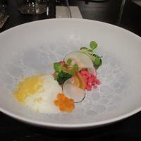 イノベーティブ フレンチ ワタハン - サーモンとイクラを使った前菜、リンゴで味付けした大根も添えられてます。