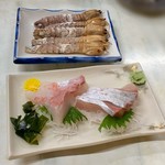 源蔵本店 - かんぱち刺身 900円 と 瀬戸内名物 シャコ