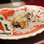 野嵯和 - 炙り秋刀魚と黄身酢クリームチーズにライスペーパーをちらして