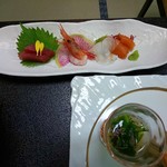 南平台温泉ホテル - お造り　鮪、甘エビ、鯛、サーモン